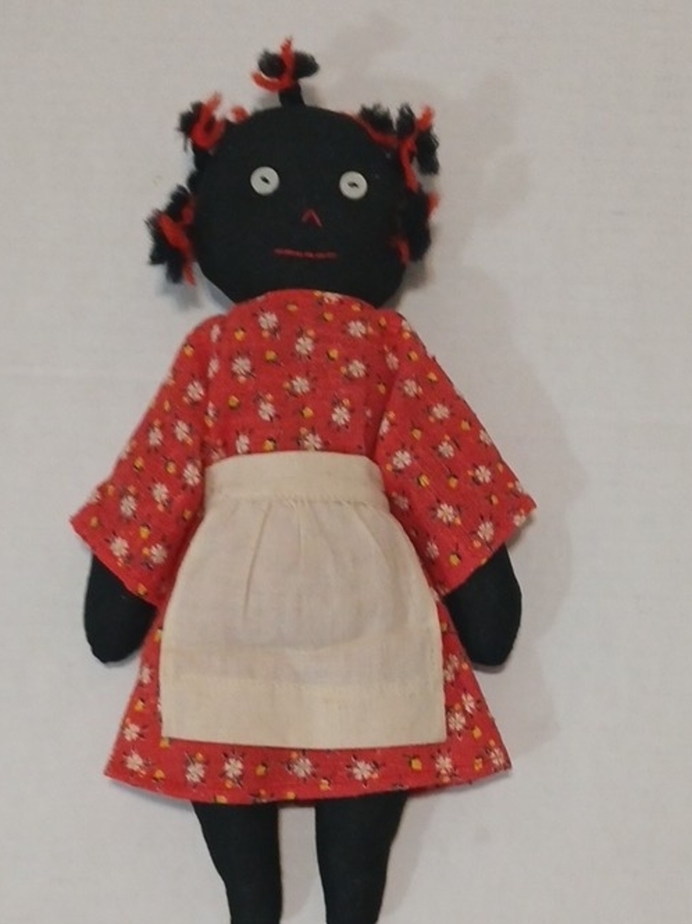 VTG 1930-50S HANDNADE PRIMITIVE FOLK ART Cloth RAG Doll Red Floral Dress 11"